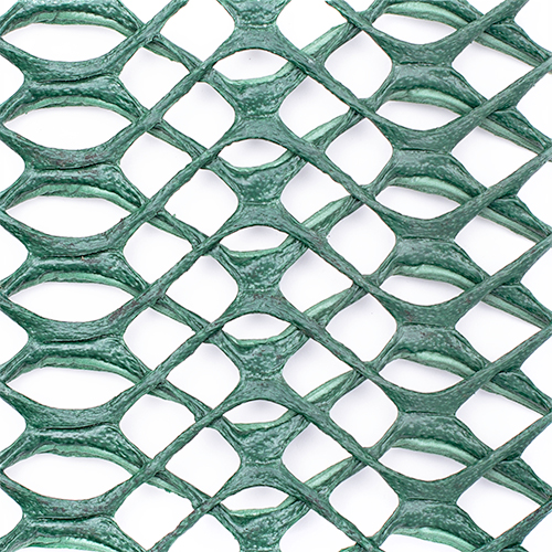 Extreme close-up of Tenax Keep-It-Green mesh showing the distinctive elliptical open-cell aperture structure