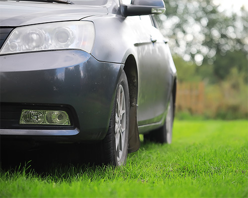 Car parked on a reinforced green grass parking area, showing Tenax turf reinforcement mesh installed result