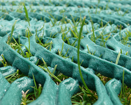 Extreme angled close-up of Tenax GP Flex mesh with lush grass pushing through the cell openings, showing turf establishment