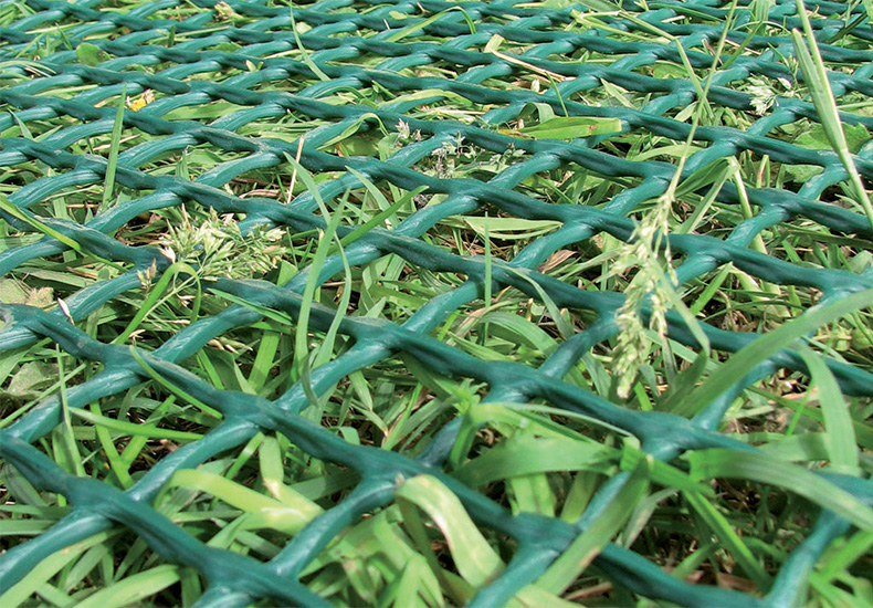 Close-up of Tenax Turf Reinforcement mesh with lush green grass growing strongly through the cell openings, showing established turf