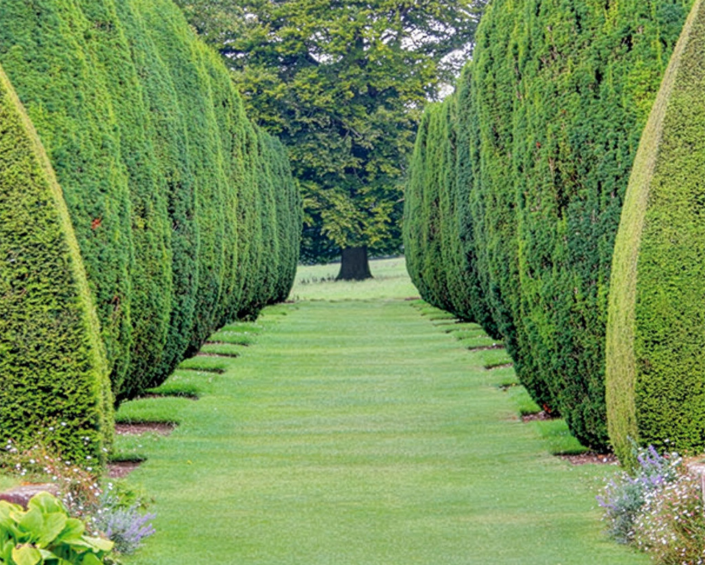 Manicured grass corridor flanked by tall sculpted topiary hedges in a formal English garden, showing the aspirational result of expertly maintained lawn protection
