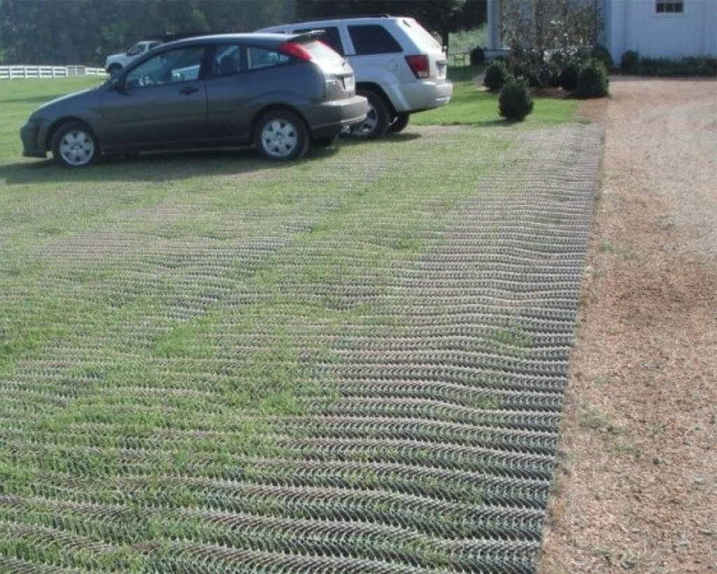 Car parked on a mesh-reinforced grass parking area, showing a clean installed result with natural green surface