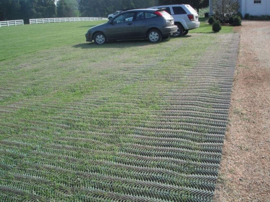 Car parked on a mesh-reinforced grass parking area, showing a clean installed result with natural green surface