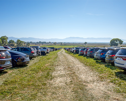 Multiple cars parked on a bare dirt and grass overflow parking lot beside a commercial building, showing the problem of unprotected commercial overflow parking