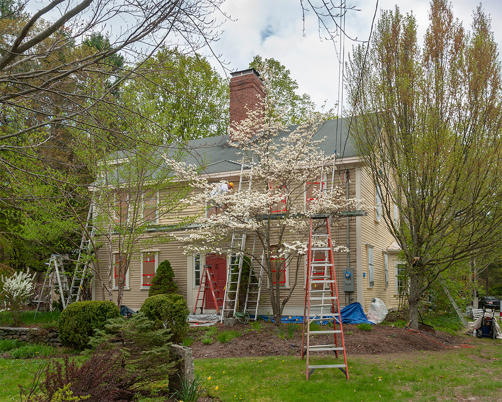 House exterior being repainted with scaffolding and a ladder resting on the residential lawn, showing the need for ground protection mesh during home renovation and staging