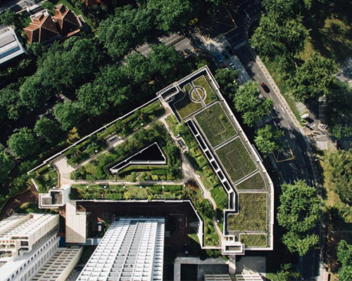 aerial of building with green roof