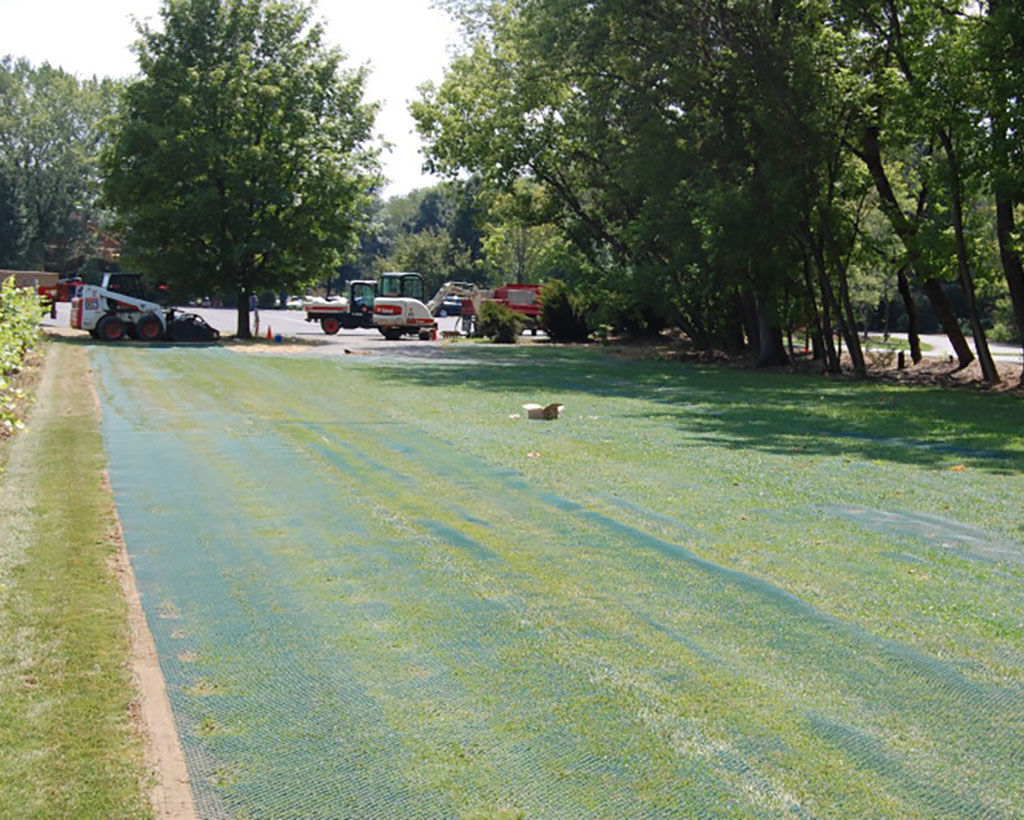 Reinforced grass road through a wooded tree-lined setting, showing Tenax mesh naturally integrated into landscape