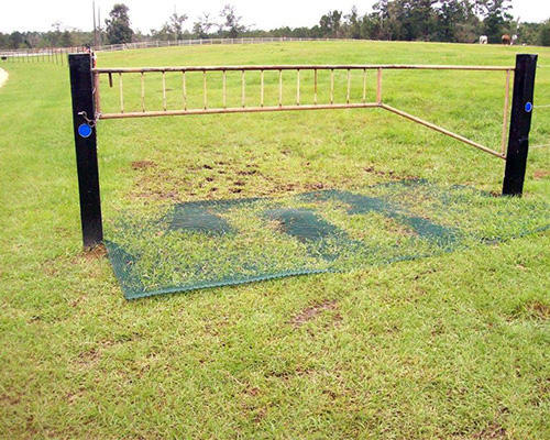 Tenax GP Flex ground protection mesh laid inside a paddock gate entry with fence posts, reinforcing a farm gateway